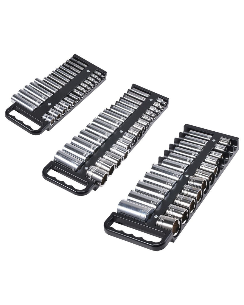 Portable Socket Organizer Tray, 3-Piece Metric & SAE Socket Organizer Set, 1/4'', 3/8'' and 1/2'' Heavy-Duty Socket Holder with Handle & Magnetic Base for Tool Box Drawer, Hold up to 76 Sockets