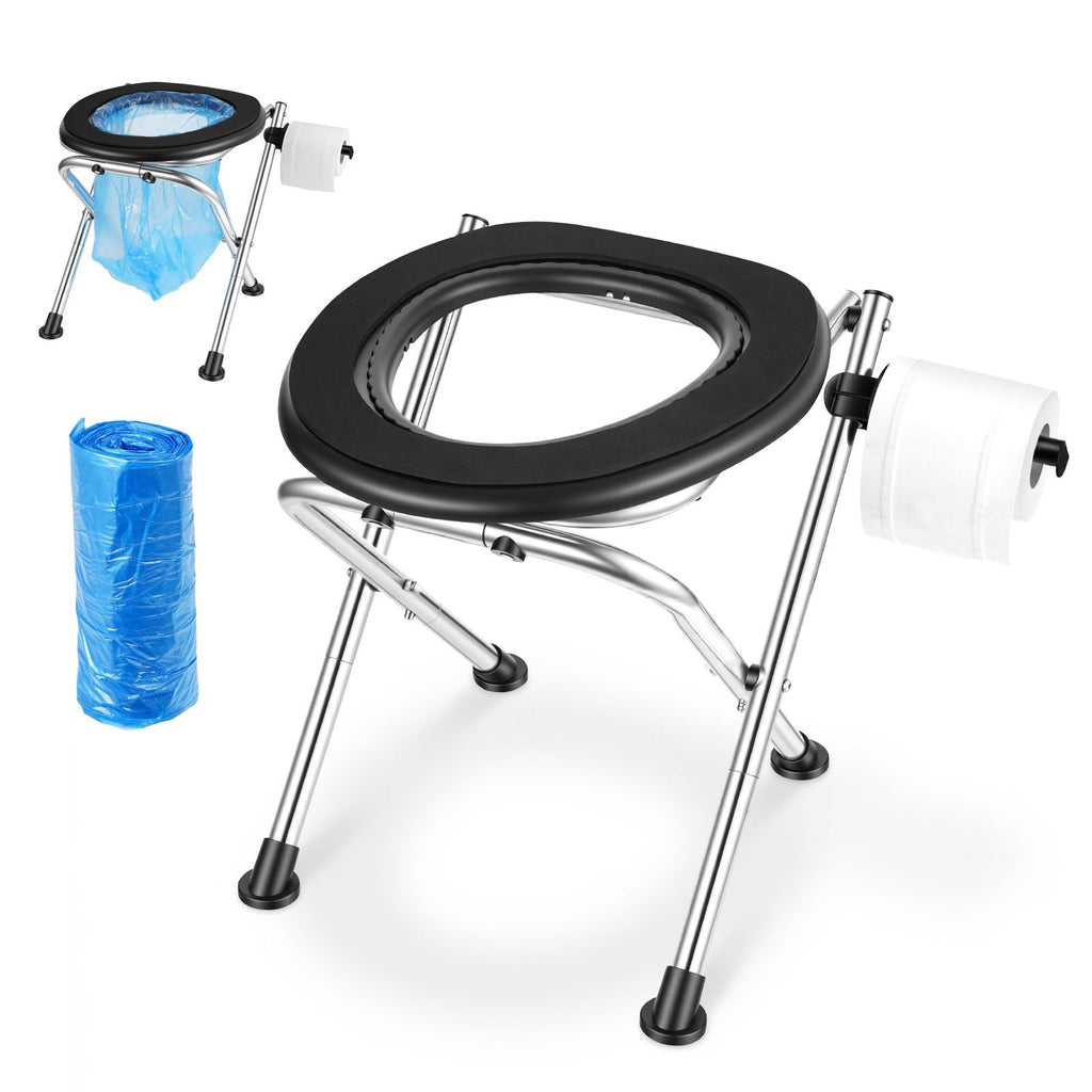 Portable Toilet for Camping, 350 lbs Weight Capacity, Stainless Steel Foldable Camp Travel Toilet with Soft Seat for Adults, Suitable for Truckers, RV Travel, Camping, Road Trips, Outdoor Use