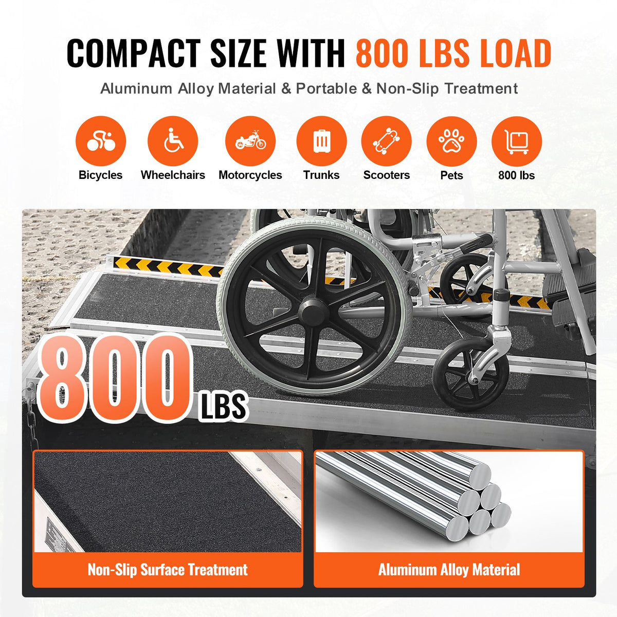 Portable Wheelchair Ramp, 8 ft 800 lbs Capacity, Non-Slip Aluminum ...