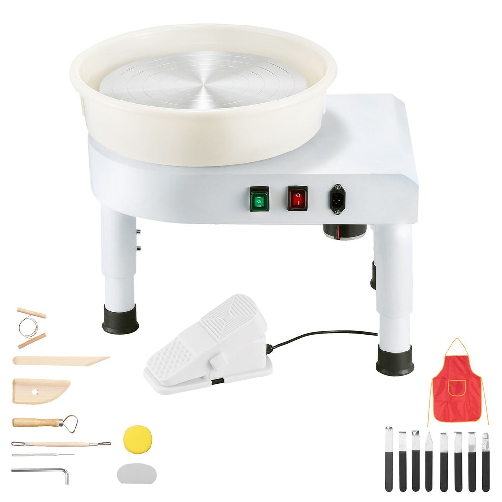 Pottery Wheel, 14 in Ceramic Wheel Forming Machine, 60-300 RPM Speed Adjustable Foot Pedal, Adjustable Lift Leg, Detachable Basin, Complete Tool Accessory Kit for Work Art Craft DIY, White