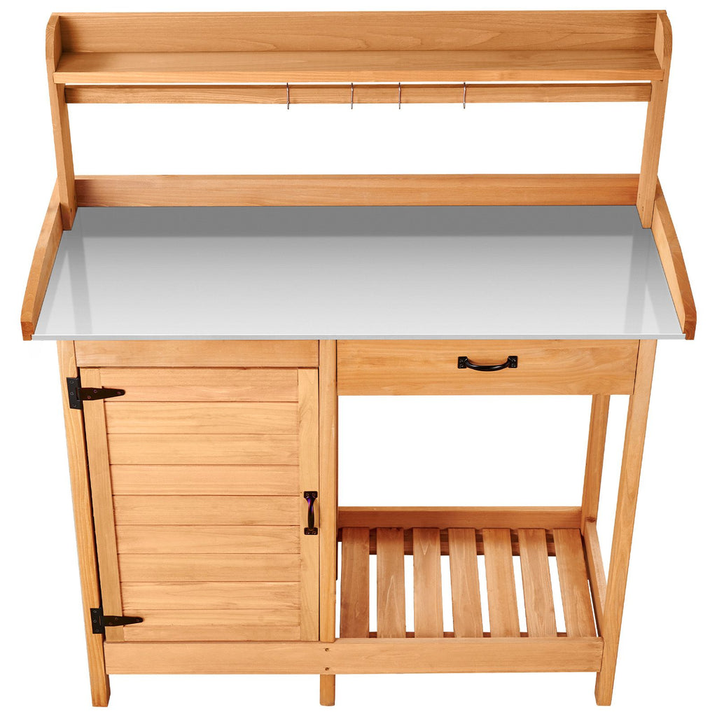 Potting Bench Table, 3-in-1 Outdoor Gardening Wooden Workstation with 44 x 19 in Galvanized Iron Tabletop, Garden Work Station with Drawer, Storage Cabinet & Shelves, Hooks for Patio, Backyard