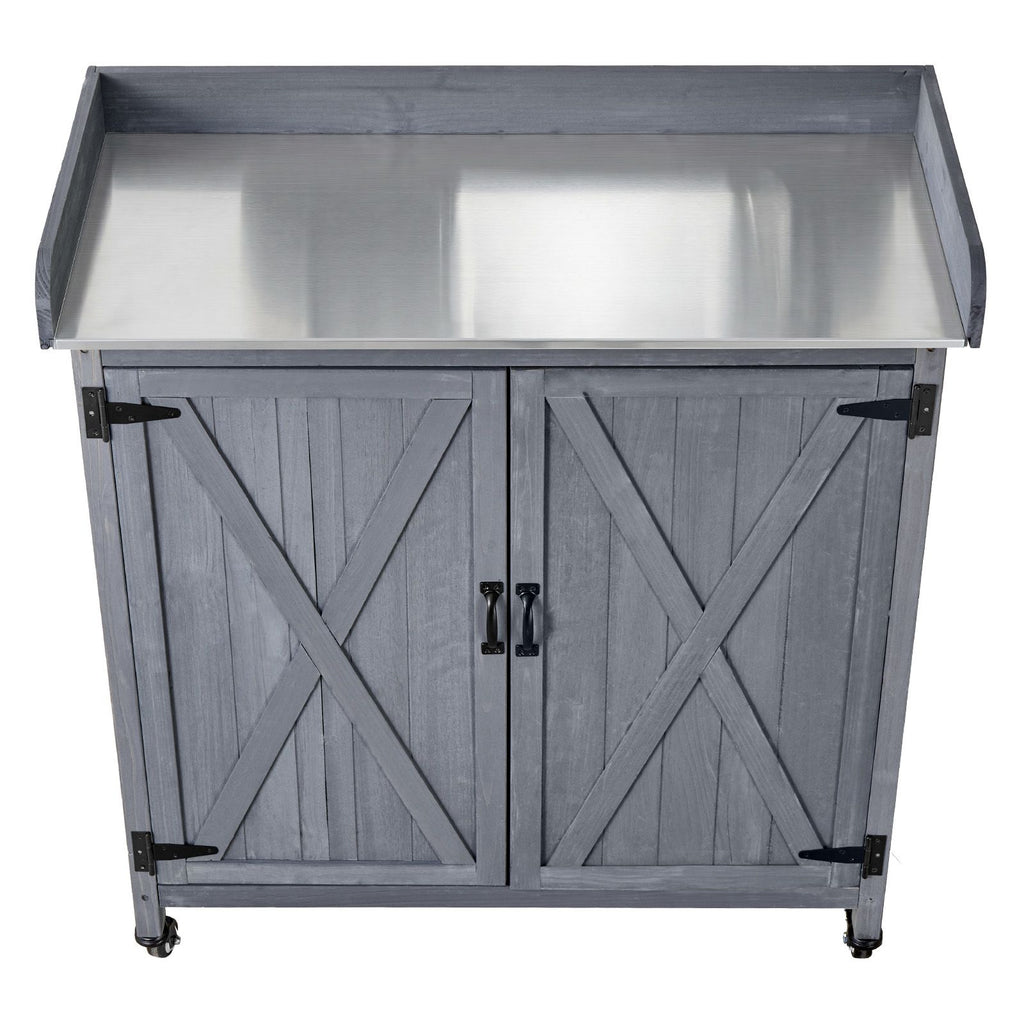 Potting Bench Table, Outdoor Gardening Wooden Storage Cabinet with 36 x 16 in Galvanized Iron Tabletop, Garden Planting Workstation with Large Storage Space, 4 Casters for Patio, Backyard, Gray