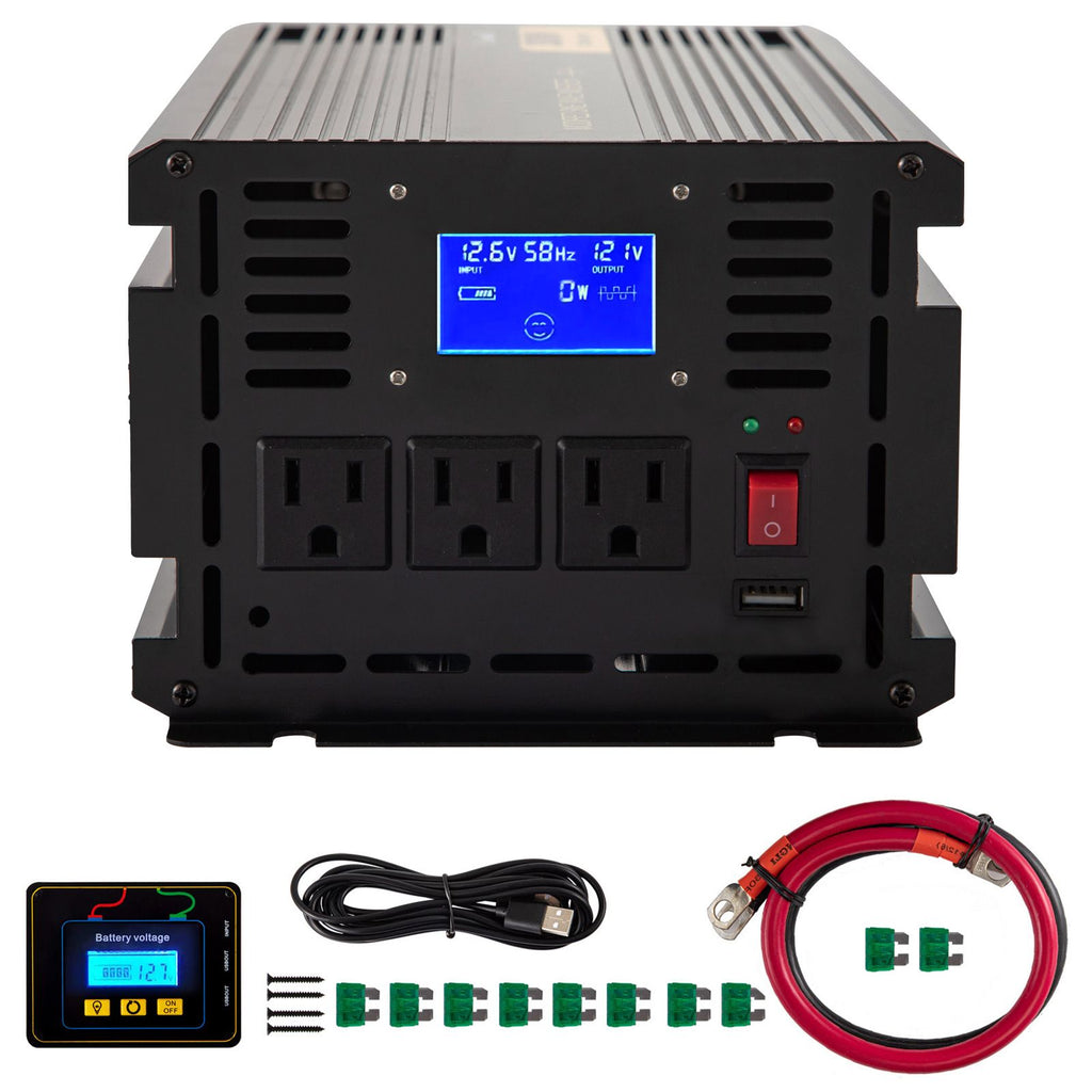 Power Inverter, 2500W Modified Sine Wave Inverter, DC 12V to AC 120V Car Converter, with LCD Display, Remote Controller, LED Indicator, AC Outlets Inverter for Truck RV Car Boat Travel Camping