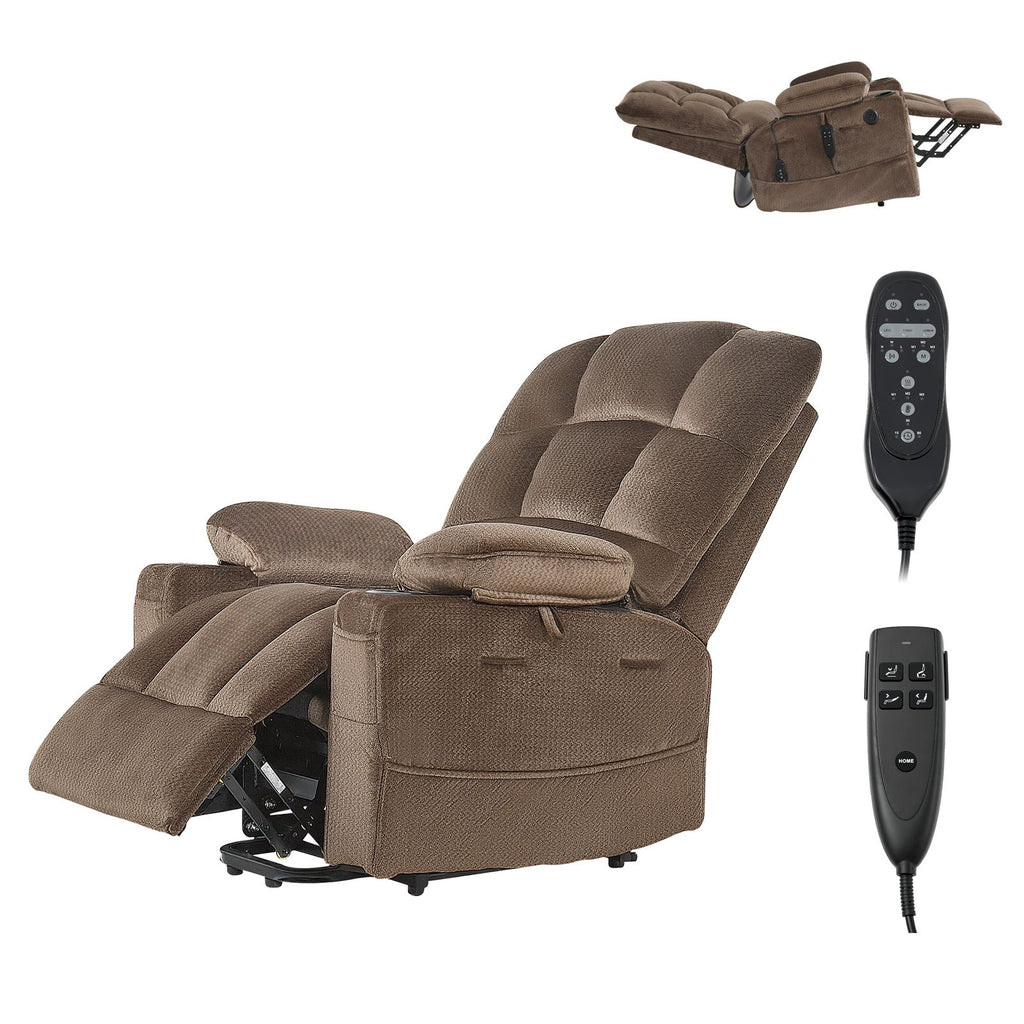 Power Lift Recliner Chair, Dual Motor, Large Electric Lift Chair with Heat and Massage for Elderly, Infinite Position Adjustment, Velvet Fabric, with Side and Front Pockets, Cup Holders, Brown