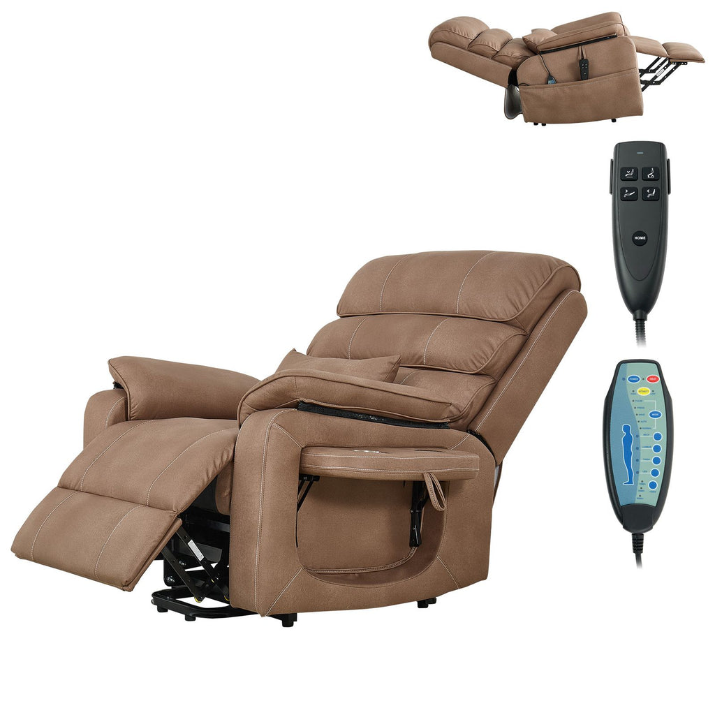 Power Lift Recliner Chair, Dual Motor, Medium Wide Electric Lift Chair with Heat and Massage for Elderly, Infinite Position Adjustment, Leather Surface, with Storage Pocket, Cup Holder, Brown
