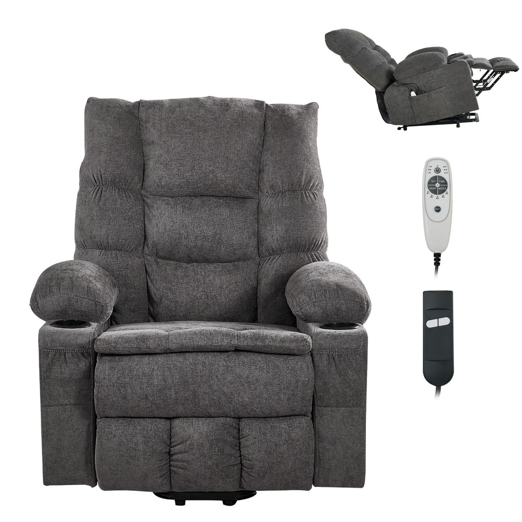 Power Lift Recliner Chair, Large Electric Lift Chair with Heat and Massage for Elderly, Infinite Position Adjustment, Chenille Fabric, with Side Pockets, Cup Holders and USB Port, Dark Gray