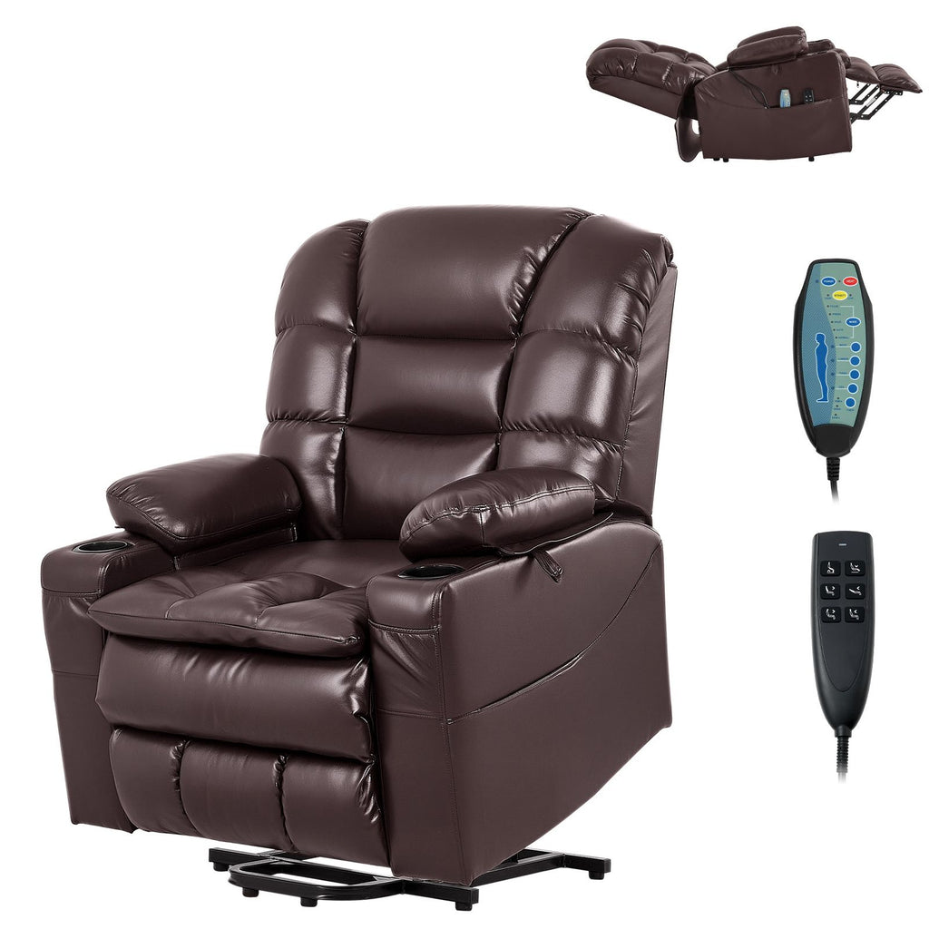Power Lift Recliner Chair, Triple-Motor, Large Electric Lift Chair with Heat and Massage for Elderly, Infinite Position Adjustment, Leather Surface, with Storage Pockets and Cup Holders, Brown