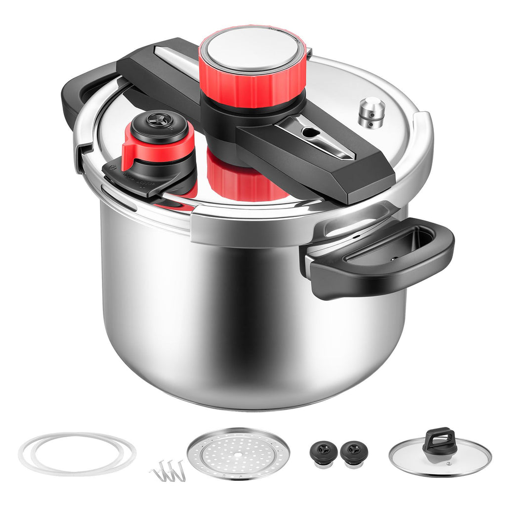 Pressure Cooker, 6.3Qt Pressure Cooker Stainless Steel, Pressures Canner with Steaming Rack, Tempered Glass Lid, Three Pressures Settings for Meat, Beans, Rice, Soup, Sauces, Cook up to 100 kPa
