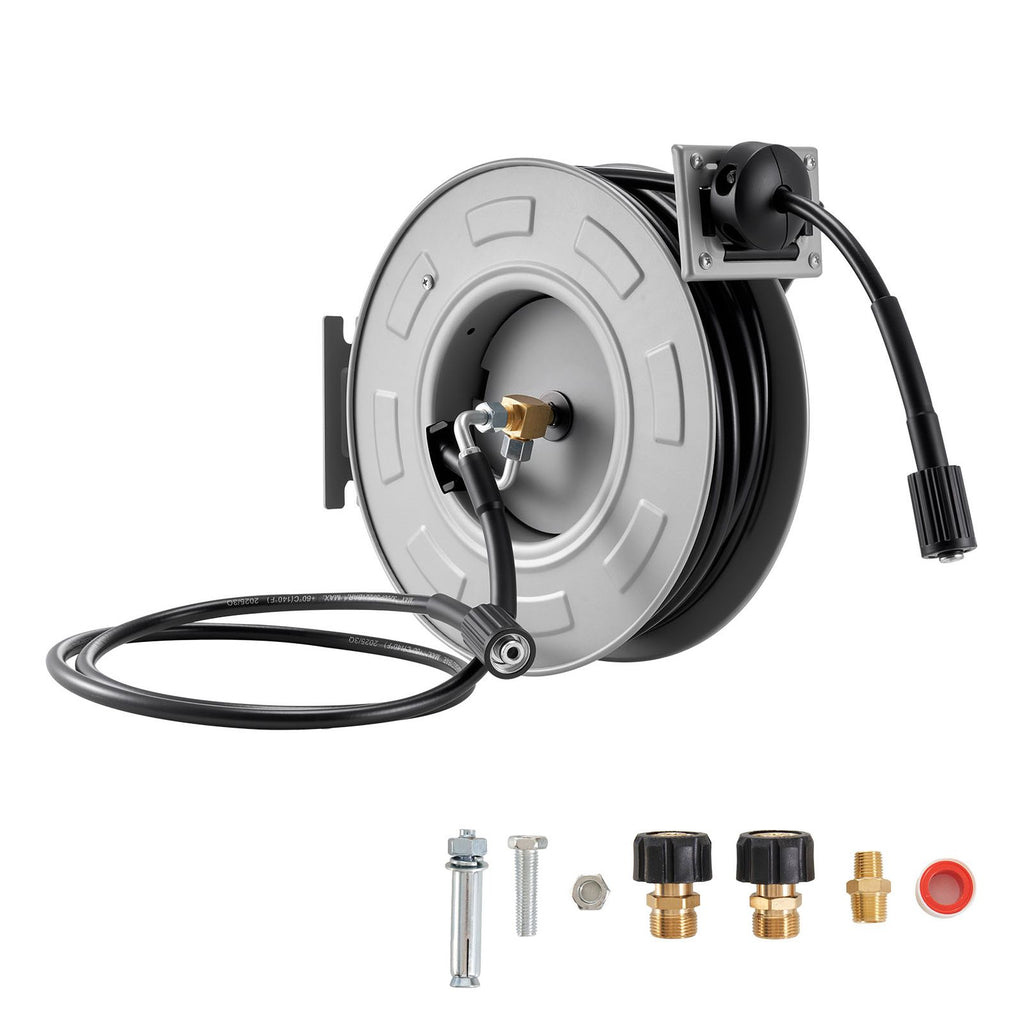 Pressure Washer Hose Reel, 65 ft x 1/4 inch Retractable Power Heavy-Duty Steel Washer Hose Reel, 3200PSI Max, Auto-Rewinding, Flexible Wall/Floor Mounted for Car Washing,Garden,Floor Cleaning