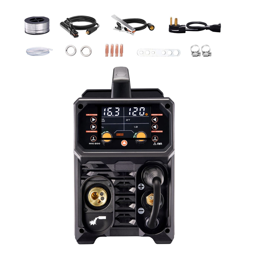 Pro MIG Welder, 200A Pluse Mig Welding Machine, 5-in-1 Synergic Welder Machine MIG Pluse/Gas MIG/Flux Core MIG/Stick/Lift TIG, 110V/220V Dual Voltage Aluminum Mig Welder with LCD Screen Display