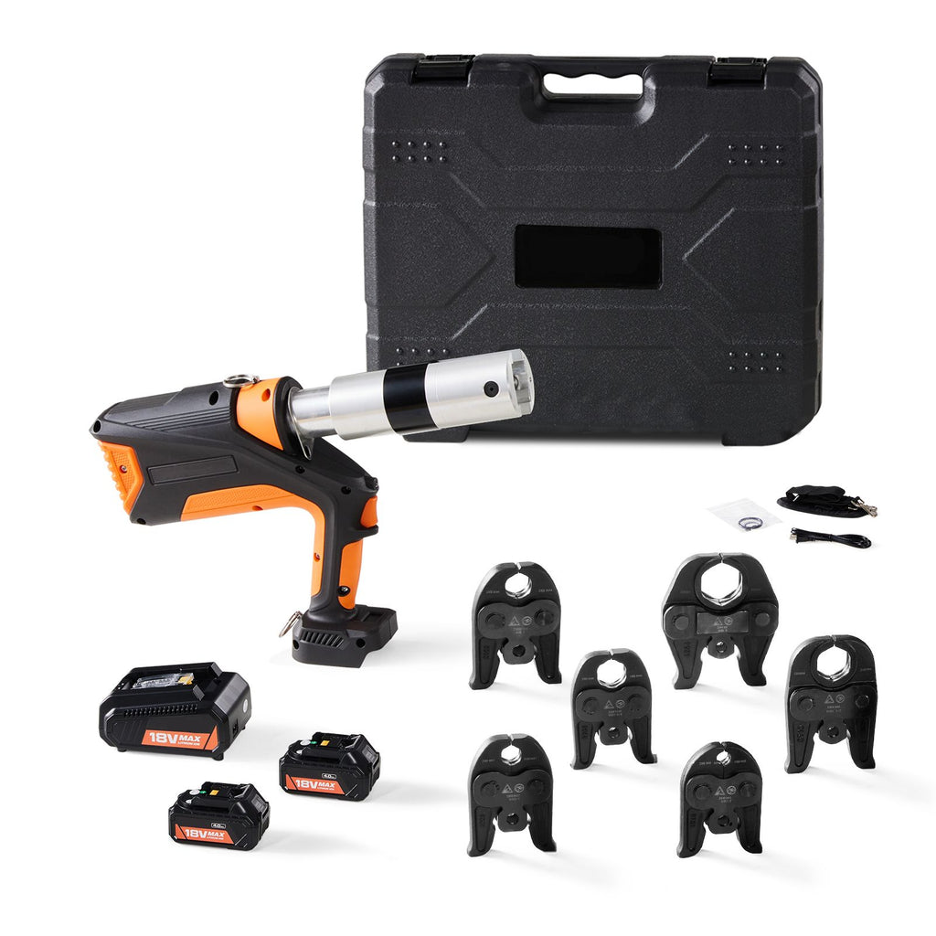 Professional 18V Cordless Pipe Crimper, suitable for 1/2"-2" Stainless Steel, Copper, PEX Tubing, features 360° Swivel, Brushless Motor & includes 6 Crimping Jaws