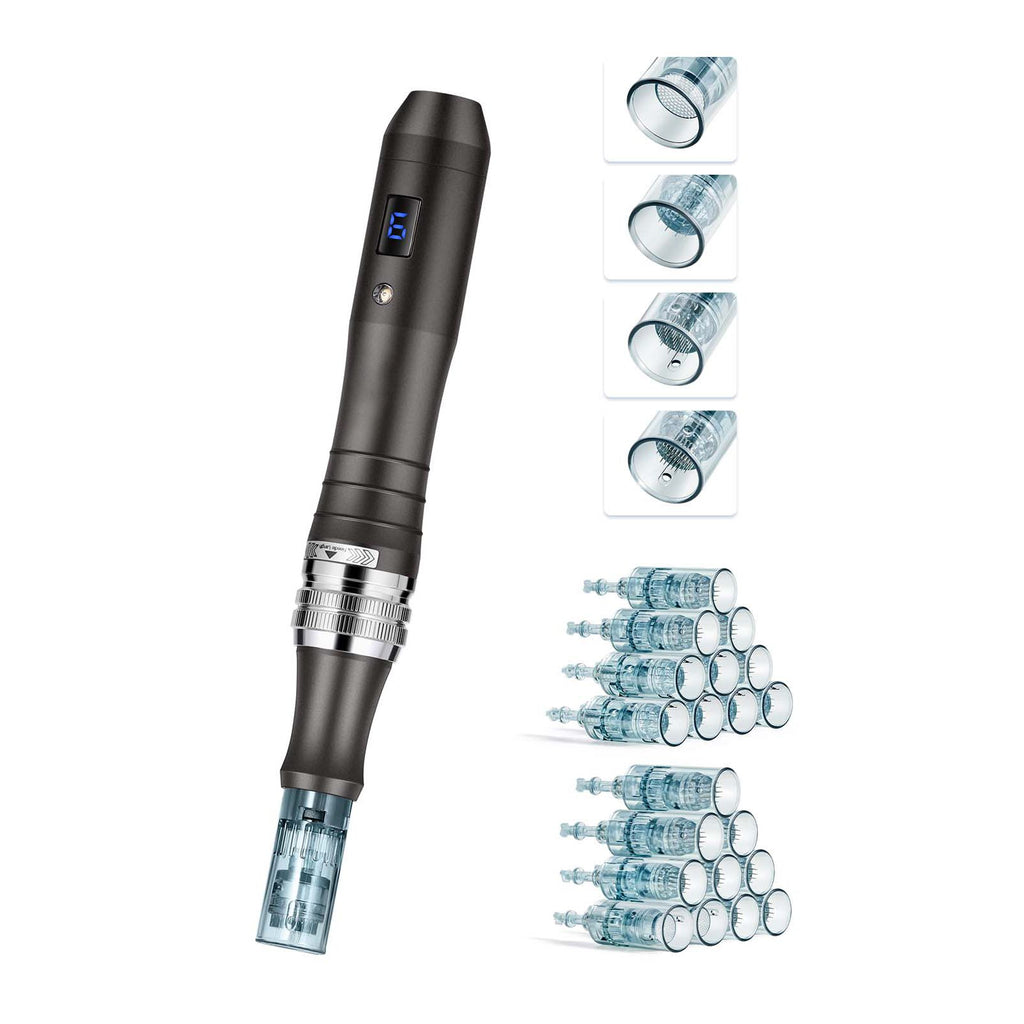Professional Microneedling Pen, Electric Derma Pen with 20PCS Disposable Cartridges, 6 Variable Speed Skin Care Beauty Device with LCD Display and 0-2.5mm Adjustable Needle Length
