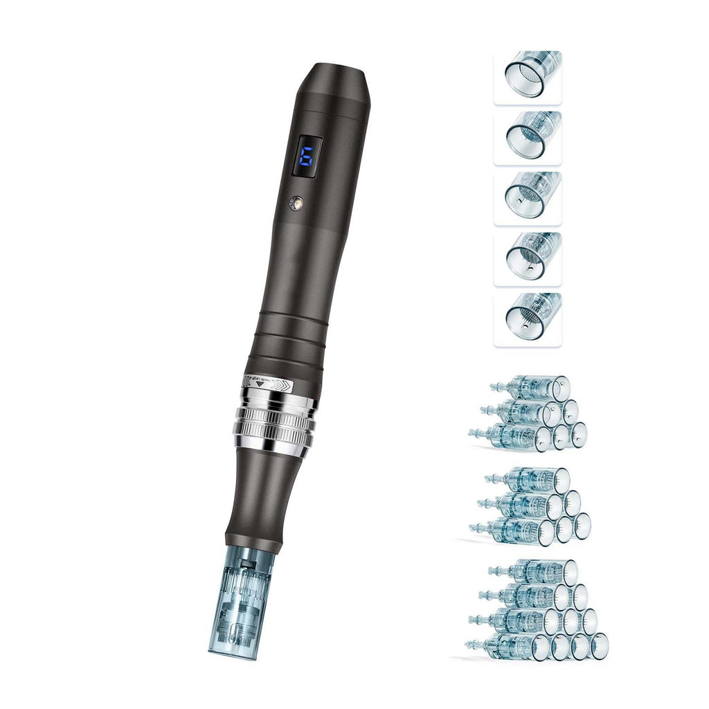 Professional Microneedling Pen, Electric Derma Pen with 22PCS Disposable Cartridges, 6 Variable Speed Skin Care Beauty Device with LCD Display and 0-2.5mm Adjustable Needle Length