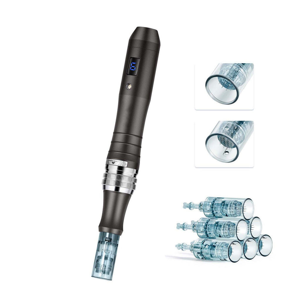 Professional Microneedling Pen, Electric Derma Pen with 3 PCS * 16 Pin + 3 PCS * 36 Pin Disposable Cartridge, 6 Variable Speed Skin Care Beauty Device with LCD Display
