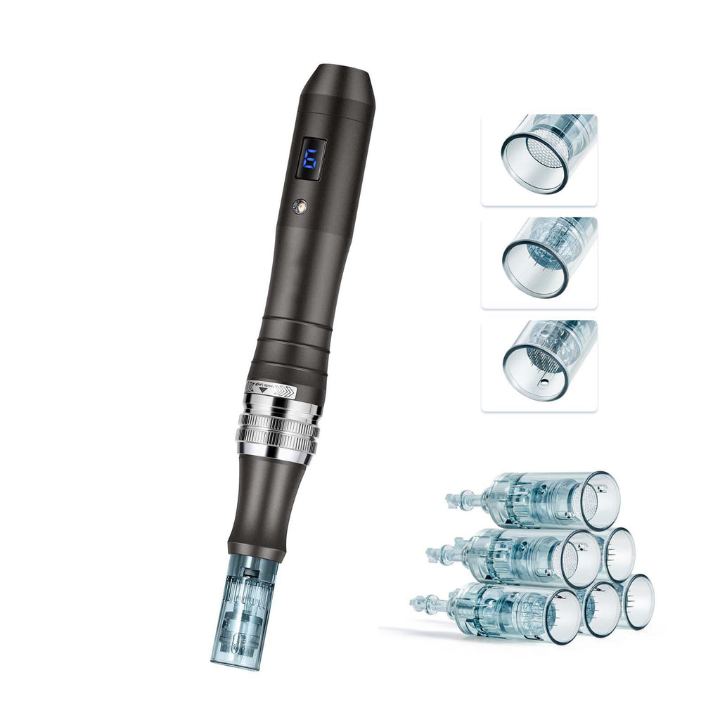 Professional Microneedling Pen, Electric Derma Pen with 6PCS Disposable Cartridges, 6 Variable Speed Skin Care Beauty Device with LCD Display and 0-2.5mm Adjustable Needle Length