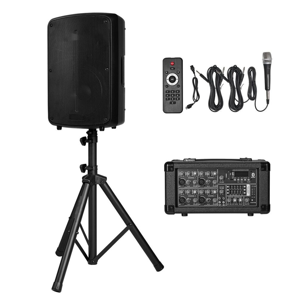 Professional PA System, 800W Powered, Sound System Set with 6 Channel Mixer, Dual Speakers, Wireless Bluetooth, Microphone, Compact Stands, USB SD XLR Inputs, Remote Control, for DJs Events