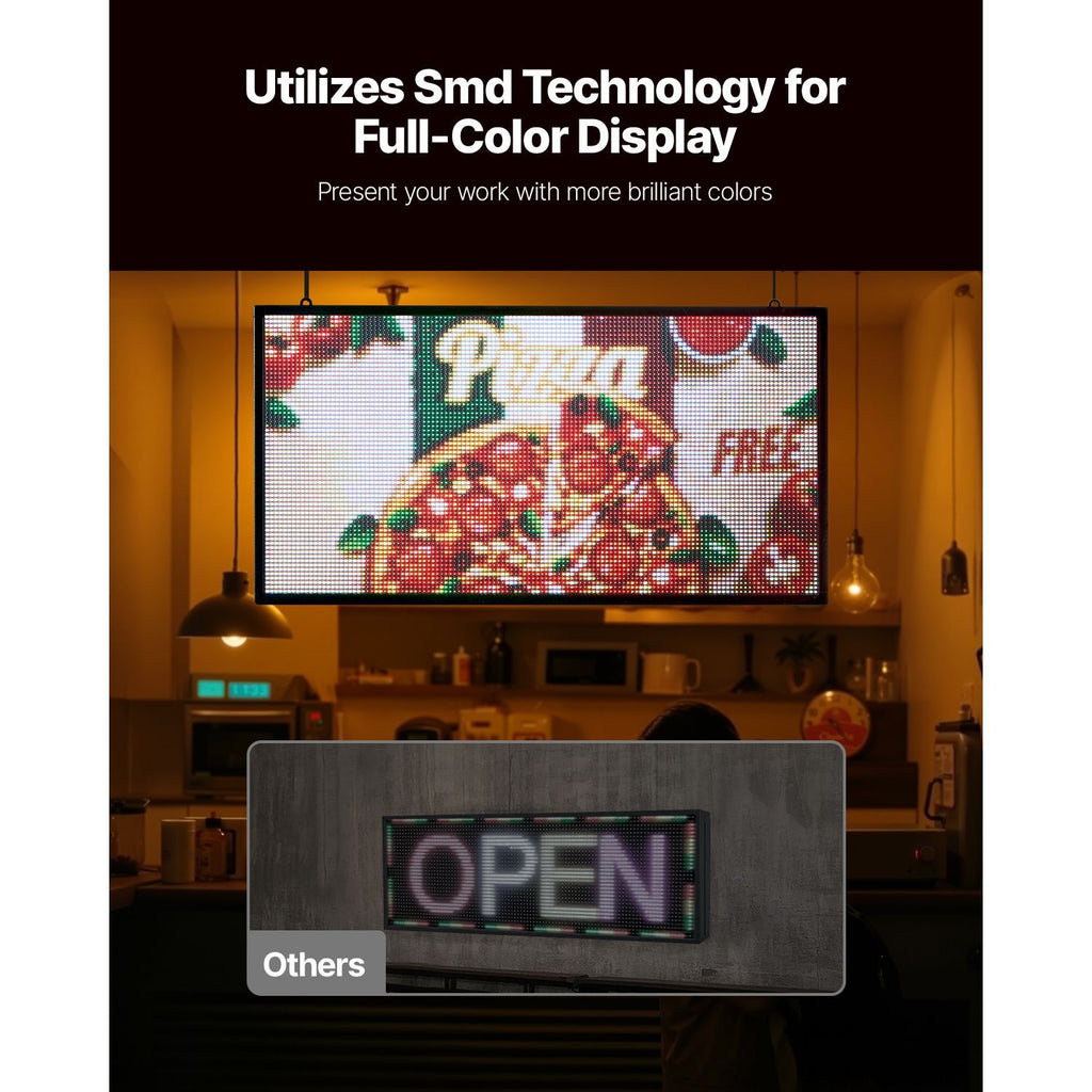 Programmable LED Sign, P5 Full Color Flexible Digital Scrolling Panel, DIY Custom Text Pattern GIF Display, Bluetooth APP Control Message Board for Store Business Advertising, Indoor 27x14 in