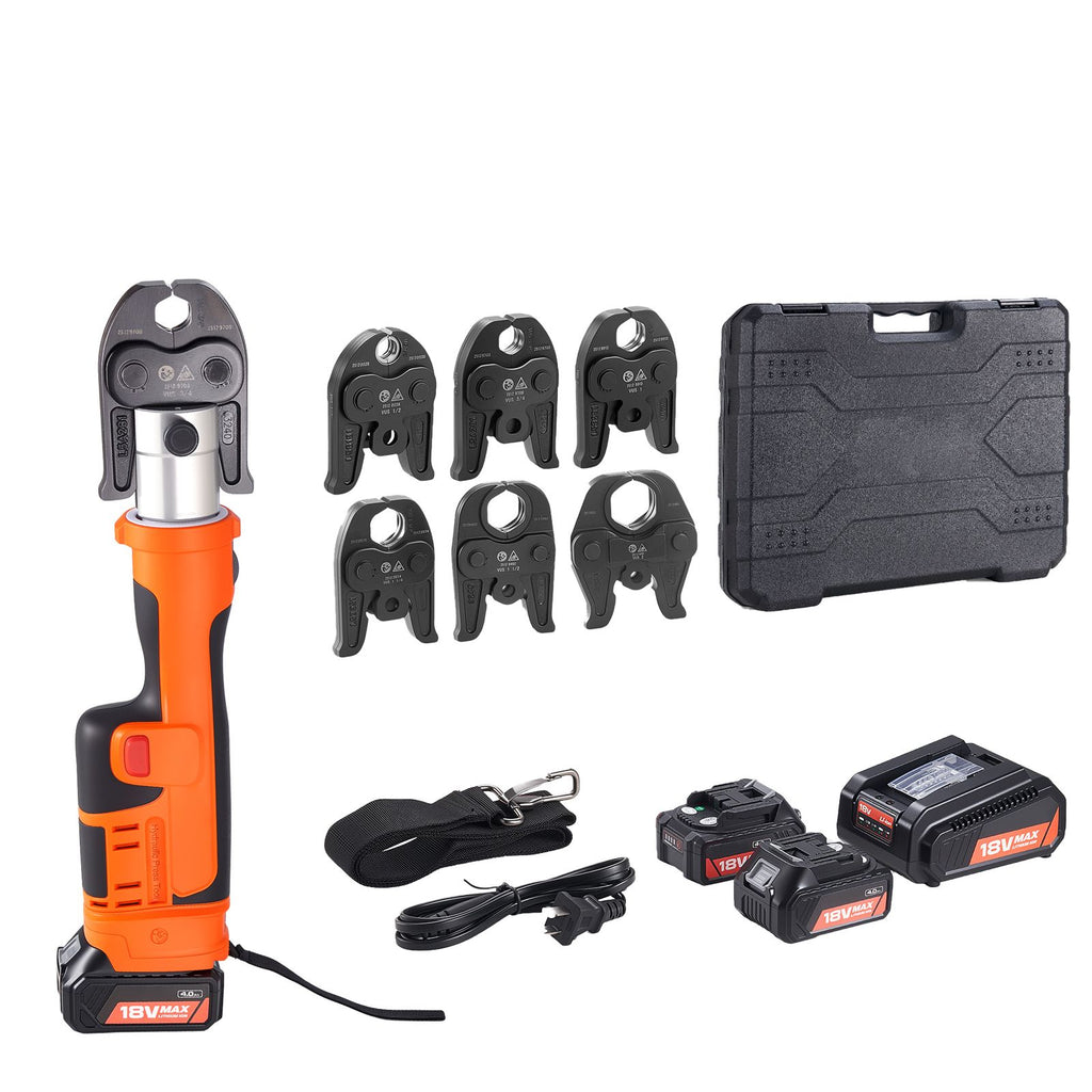ProPress Tool, 18V Electric Pipe Crimping Tool for 1/2", 3/4", 1", 1 -1/4", 1 -1/2", 2" Copper Pipes, 32KN Pro Press Tool with 6 VUS Jaws, 2PCS 4AH Batteries, Fast Charger & Carrying Case