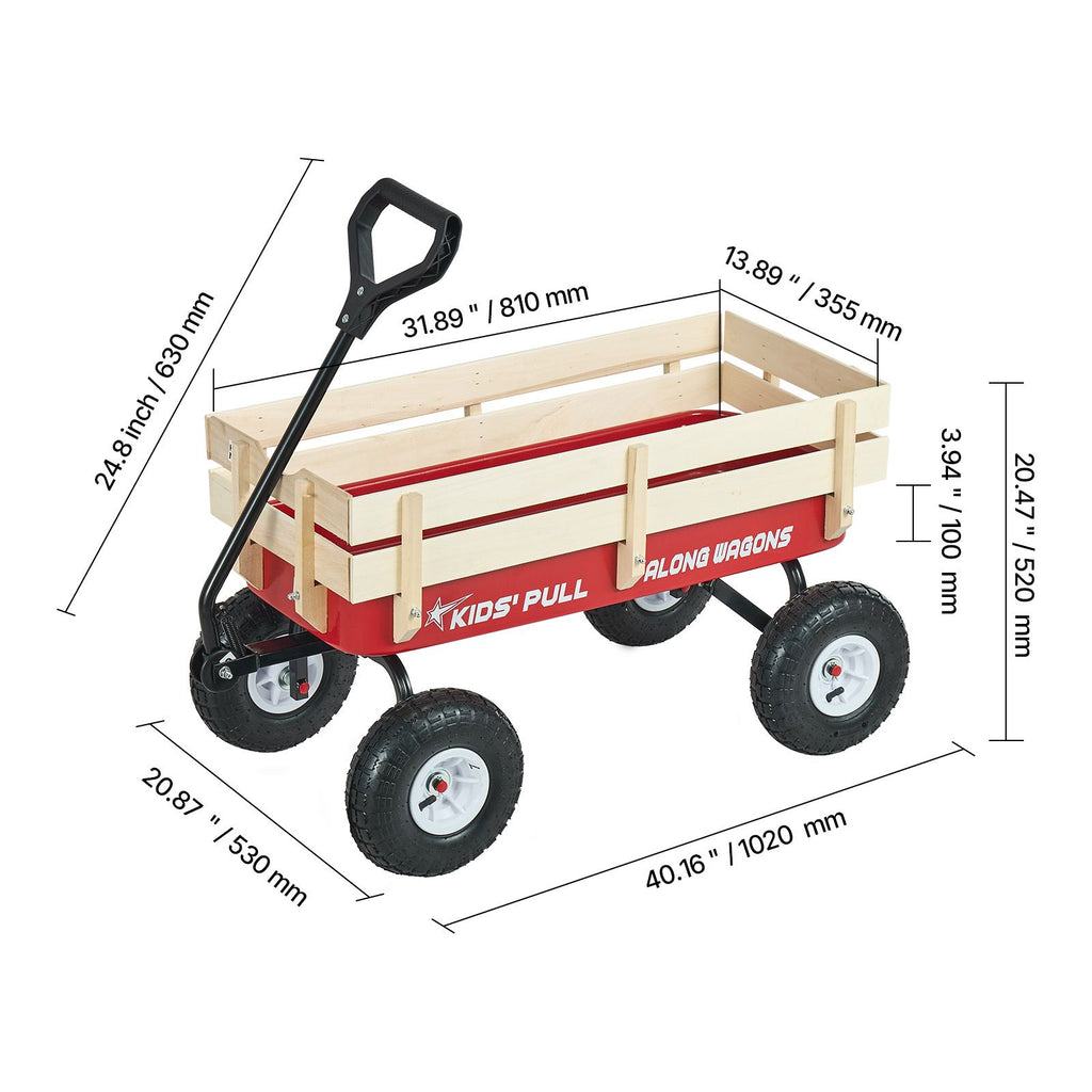 Pull-Along Wagon for Kids, 39 inch Toddler Wagons with Wooden Panels & Handle, Supports up to 330 lbs, All-Terrain Utility Wagon Cart Birthday Present for Kids Gardening Beach, Red