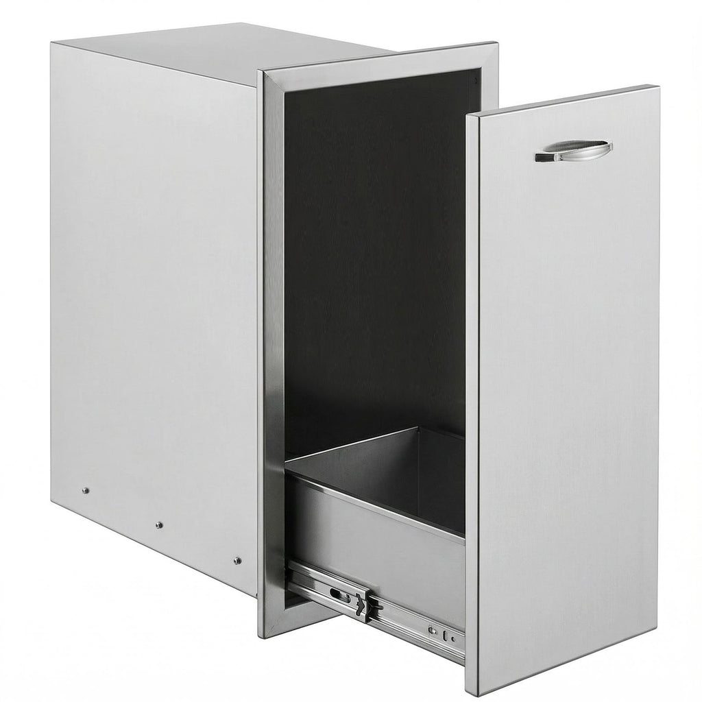 Pull Out Trash Drawer 13.6Wx26Hx19.3D Inch Lower Sliding Rails Stainless Steel Roll Out Trash Bin Pull Out Tray Outdoor Kitchen Trash Drawer with Handle for BBQ Island Grill Station No Trash Can