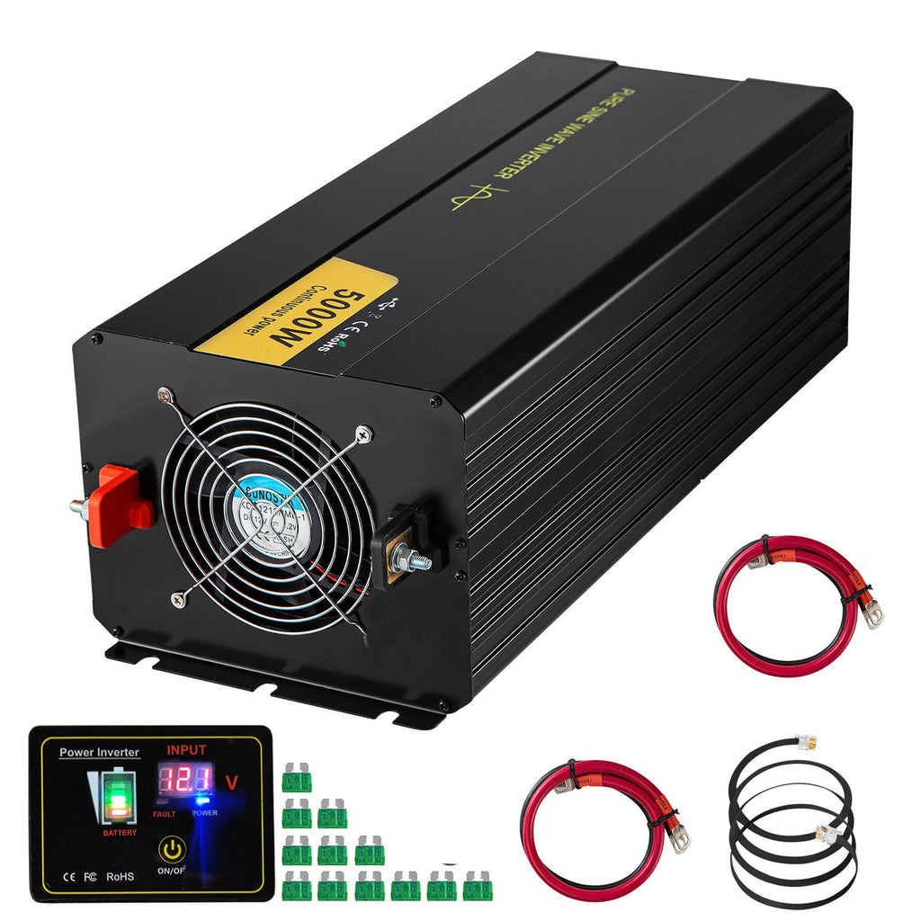 Pure Sine Wave Inverter, 5000 Watt, Power Inverter, DC 12V to AC 120V Car Inverter, with LCD Display, USB Port and Remote Controller, Power Converter for Car RV Truck Solar System Travel Camping