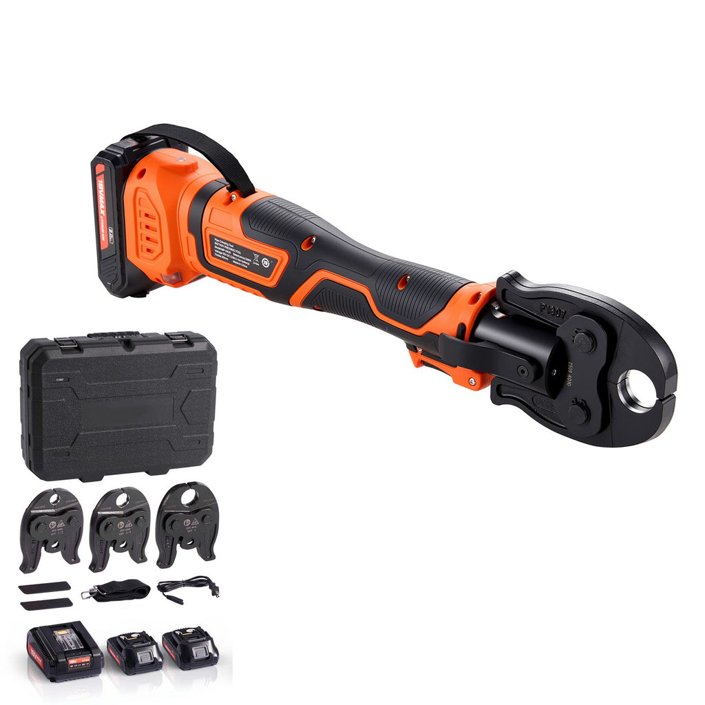 PureFlow Press Tool, 18V Electric Pipe Crimping Tool for 1/2", 3/4", 1" PEX Pipe Stainless Steel Rings, PEX Press Tool Kit with 3 VPF Jaws, 2pcs 2AH Batteries, Fast Charger & Carrying Case