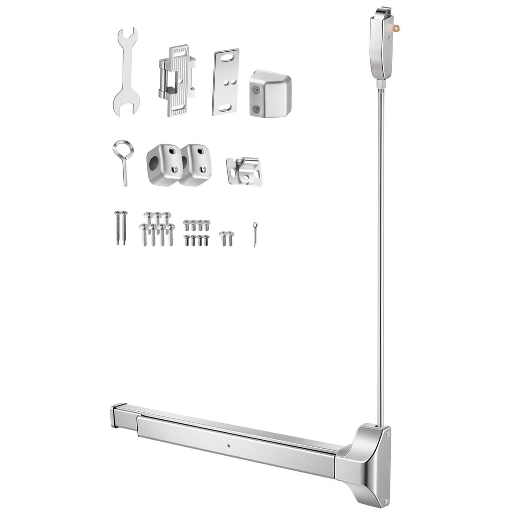 Push Bar Panic Exit Device, 28" Stainless Steel Commercial Panic Bar for Exit Doors, Emergency Exit Door Hardware with Vertical Top Rod and Sticker, for 28"-41" Wood or Metal Door, Silver