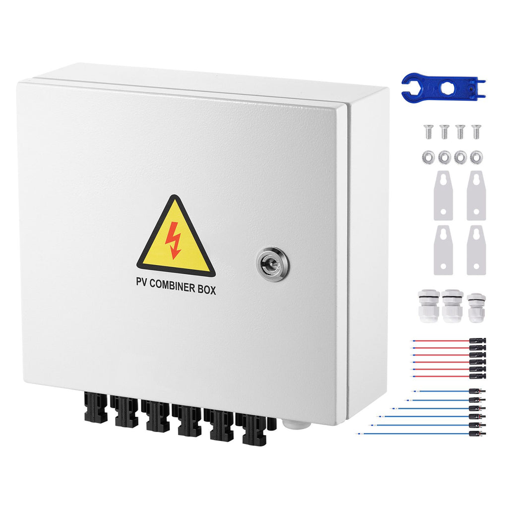 PV Combiner Box, 6 String, Solar Combiner Box with 10A Rated Current Fuse 63A Circuit Breaker Lightning Arrester and Solar Connector, Steel Case for On / Off Grid Solar Panel System, IP65