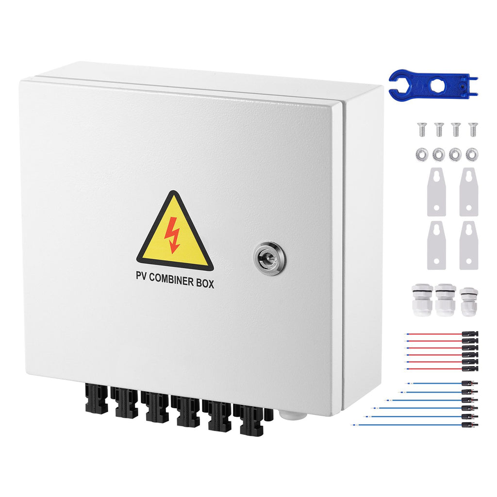 PV Combiner Box, 6 String, Solar Combiner Box with 15A Rated Current Fuse 125A Circuit Breaker Lightning Arrester and Solar Connector, Steel Case for On / Off Grid Solar Panel System, IP65