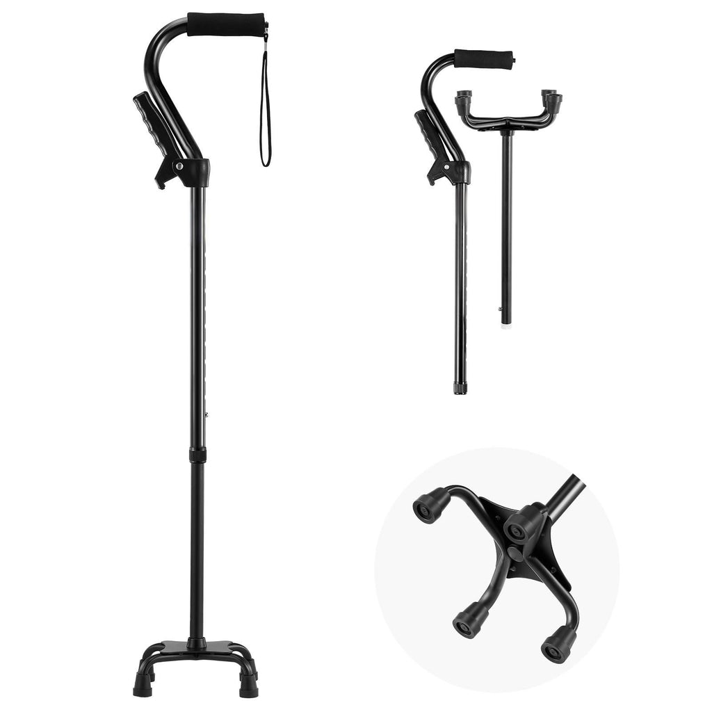 Quad Walking Cane, 10-Level Height Adjustable Walking Stick with 4-Pronged Stable Base, Lightweight & Portable Aluminum Mobility Walking Aid for Seniors Adults Man Woman, 250LBS Loading Capacity