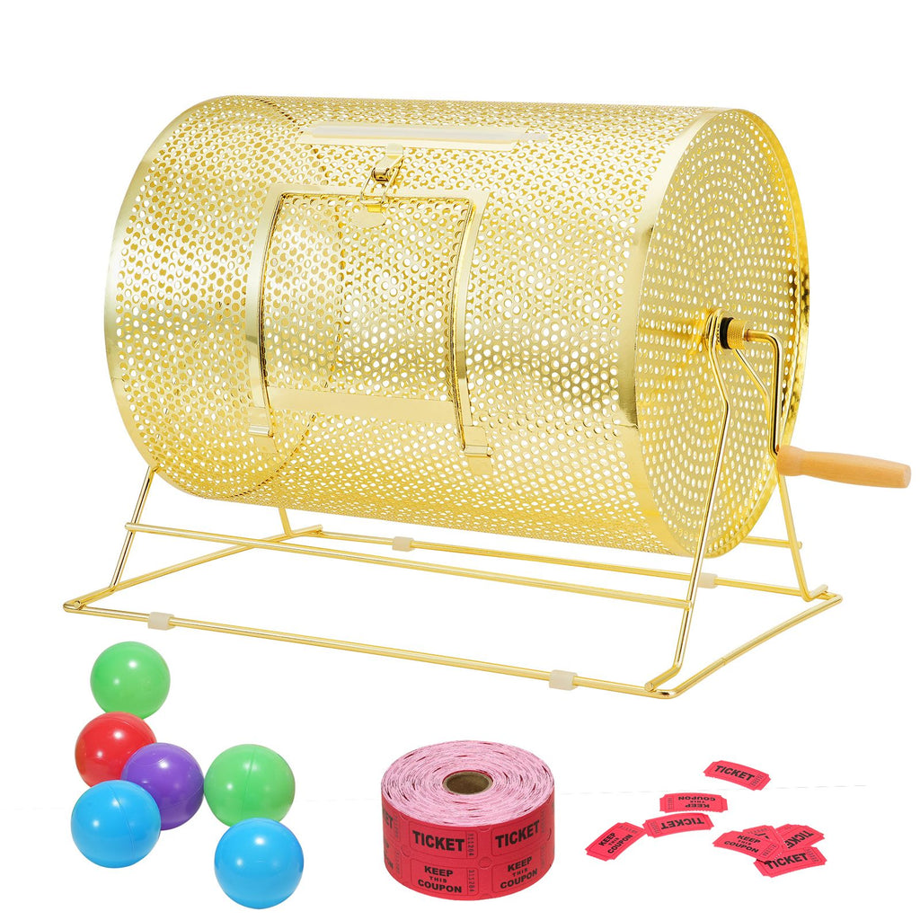 Raffle Drum, Holds 5000 Tickets or 200 Ping Pong Balls, Metal Lottery Spinning Drawing with Wooden Turning Handle,16.1 x Ø12 inch Brass Plated Raffle Ticket Spinning Cage, for Bingo Ballot Part