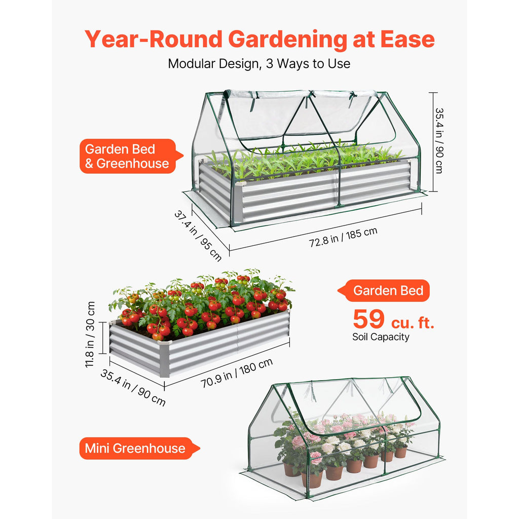 Raised Garden Bed with Cover, 6 x 3 x 1 ft, Rectangular Galvanized Metal Planter Box Kit Outdoor, with PE Greenhouse Cover & Gloves, Rustproof Alu-Zinc, for Growing Flowers Vegetables, Silver image 2