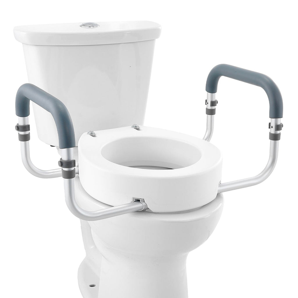 Raised Toilet Seat, 3.5" Height Raised, 300 lbs Weight Capacity, for Standard Round Toilet, Aluminum Handrail, with EVA Armrest Padding, for Elderly, Handicap, Patient, Pregnant, Medical