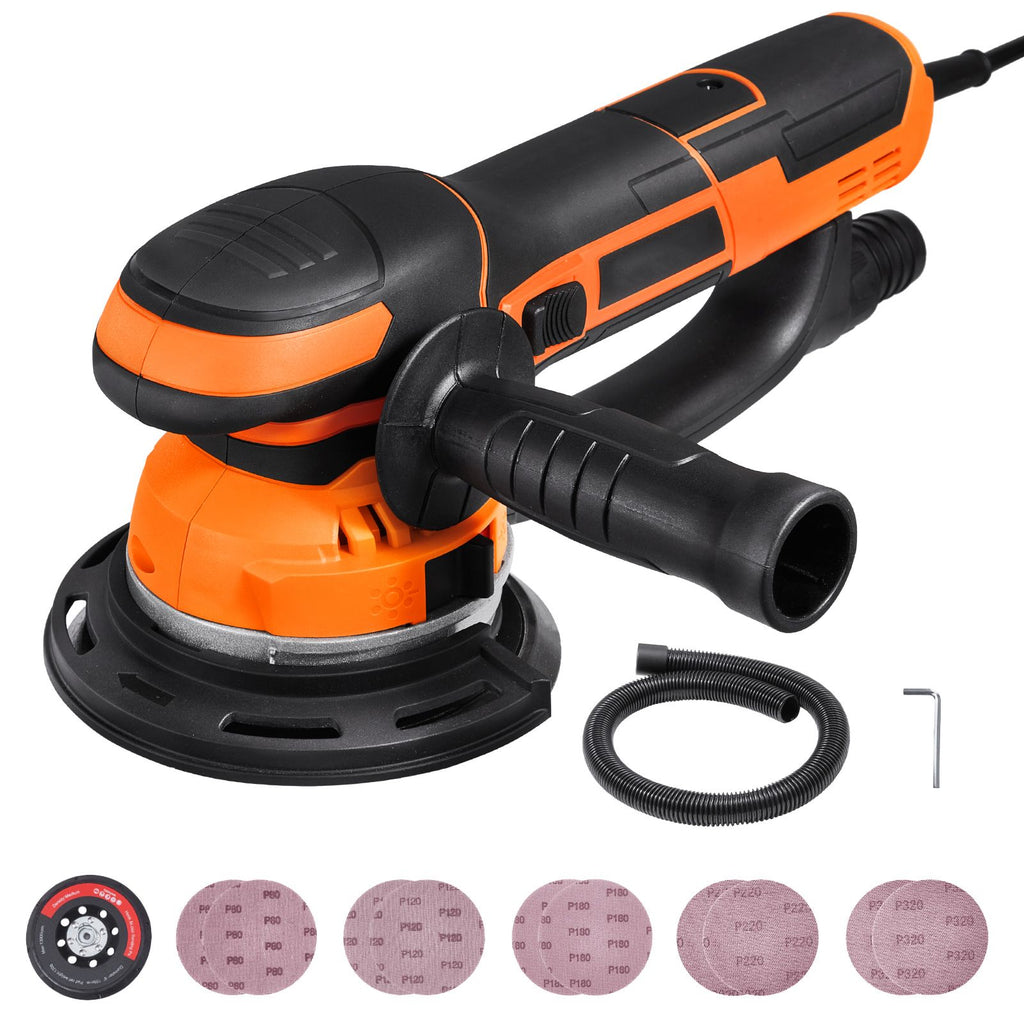 Random Orbital Sander, 6-Inch DA & GA Dual Action Orbital Sander, 850W 7400PRM 6 Variable Speed Electric Palm Sander with 10PCS Sandpapers, Dust Connector for Woodworking Detailing Sanding