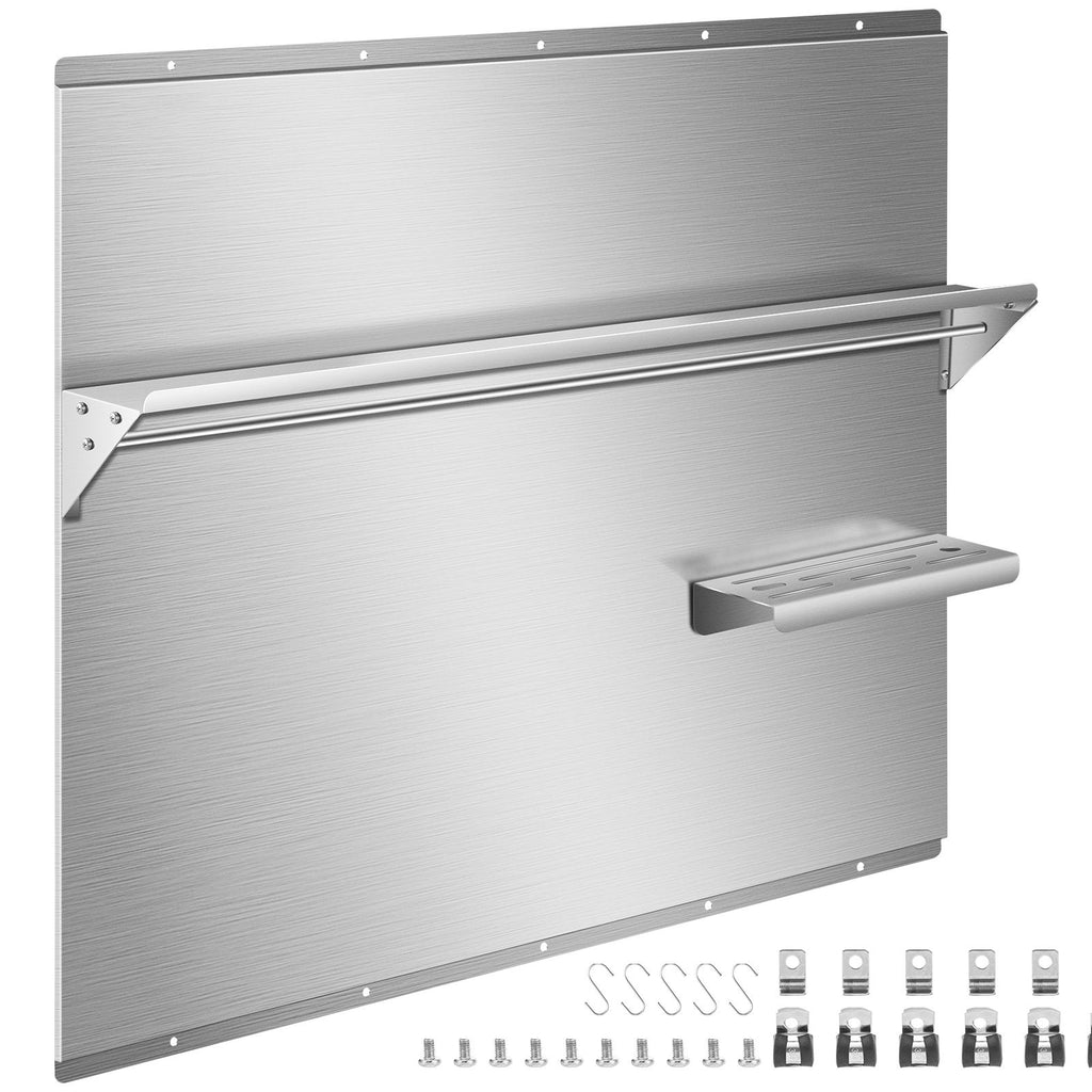 Range Backsplash with Shelf 30 x 30.7 Inch Range Hood Wall Shield, Stainless Steel Backsplash Silver Splash Plate for Range Hood Stainless Backsplash with Built-in Storage Shelf and Hanging Rack