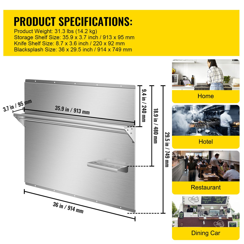 Range Backsplash with Shelf 36 x 29.5 Inch Range Hood Wall Shield, Stainless Steel Backsplash Silver Splash Plate for Range Hood Stainless Backsplash with Built-in Storage Shelf and Hanging Rack