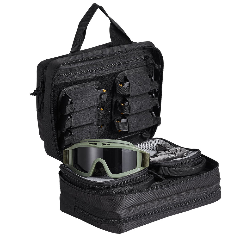 Range Bag for 2 Pistols, Tactical Gun Bag with 2 Built-in Removable Pistol Bags & 6 Detachable Magazines, Gun Range Bag for Outdoor Hunting Shooting, Lockable Carrying Handgun Bag Case, Black