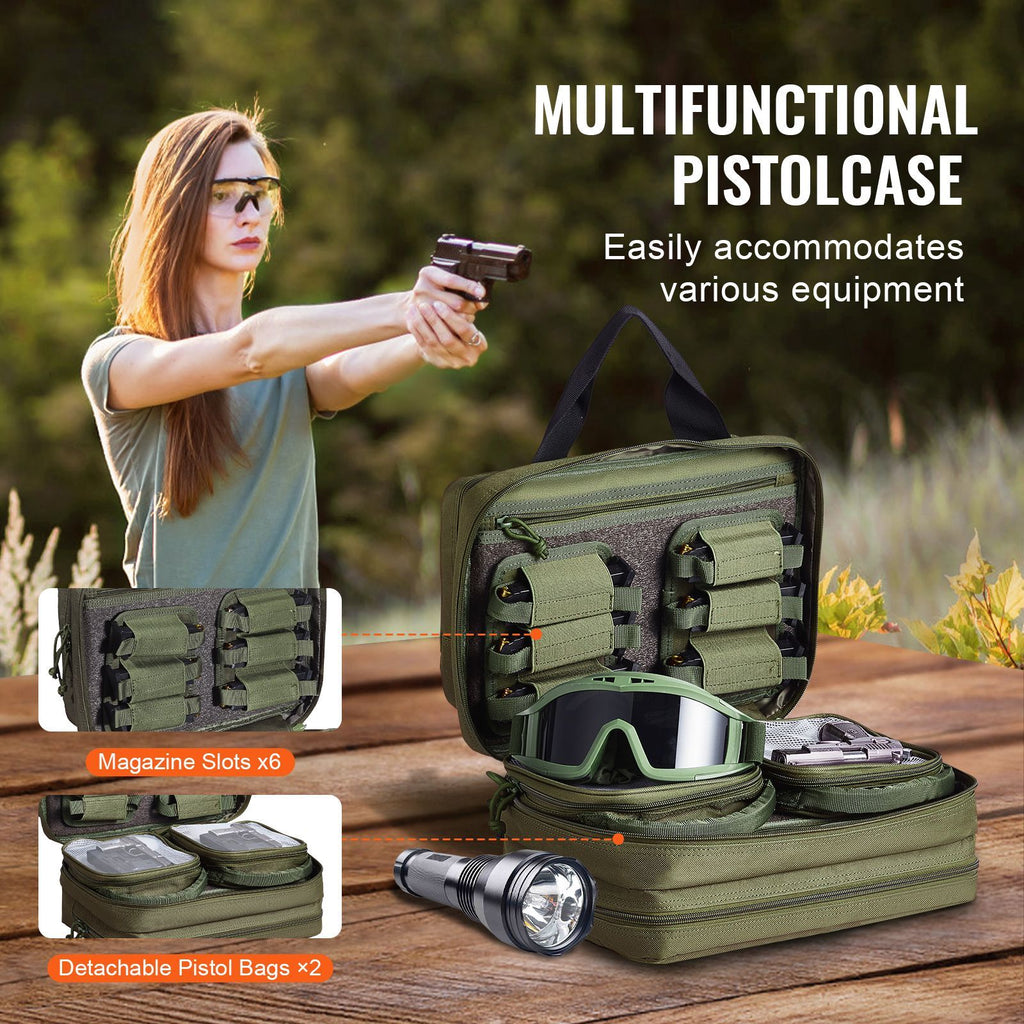 Range Bag for 2 Pistols, Tactical Gun Bag with 2 Built-in Removable Pistol Bags & 6 Detachable Magazines, Gun Range Bag for Outdoor Hunting Shooting, Lockable Carrying Handgun Bag Case, Green