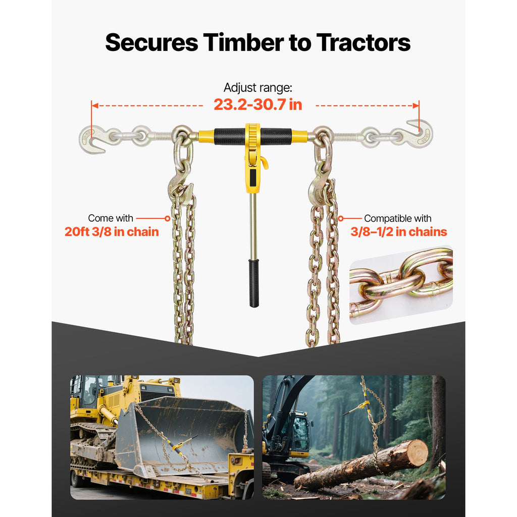 Ratchet Chain Binder, 3/8 in x 20 ft G80 Chains, 9200 lbs Working Load of Ratchet Load Binder, Chains and Binders Set, Tie Down Hauling Chain Binders for Hauling, Towing, Logging, Lifting
