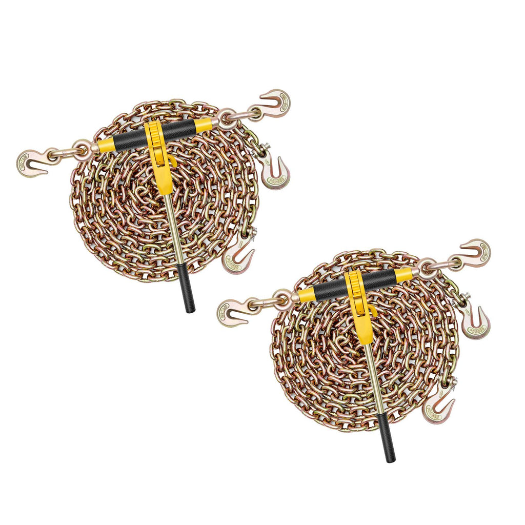 Ratchet Chain Binder, 5/16 in x 12.8 ft G80 Chains, 8000 lbs Working Load of Ratchet Load Binder, Chains and Binders Set, Tie Down Hauling Chain Binders for Hauling, Towing, Logging (2 Sets)