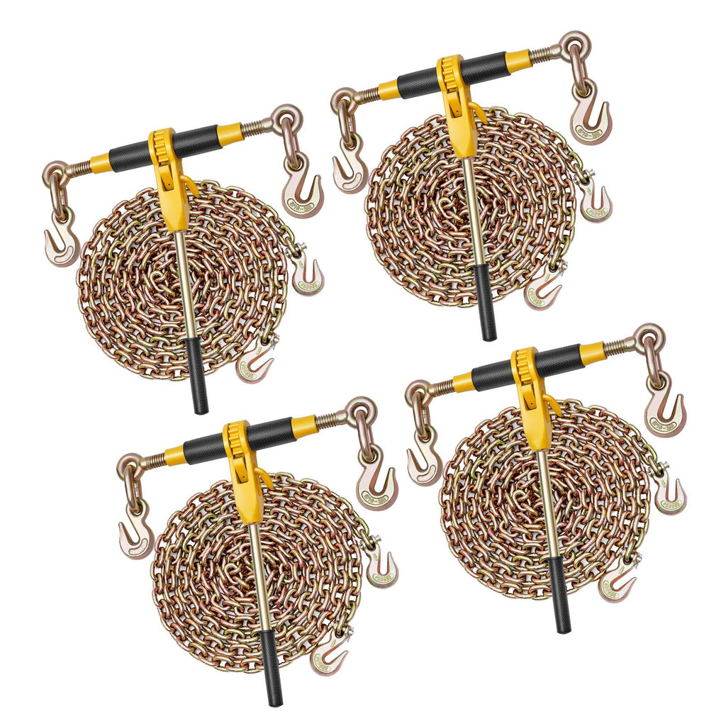 Ratchet Chain Binder, 5/16 in x 12.8 ft G80 Chains, 8000 lbs Working Load of Ratchet Load Binder, Chains and Binders Set, Tie Down Hauling Chain Binders for Hauling, Towing, Logging (4 Sets)