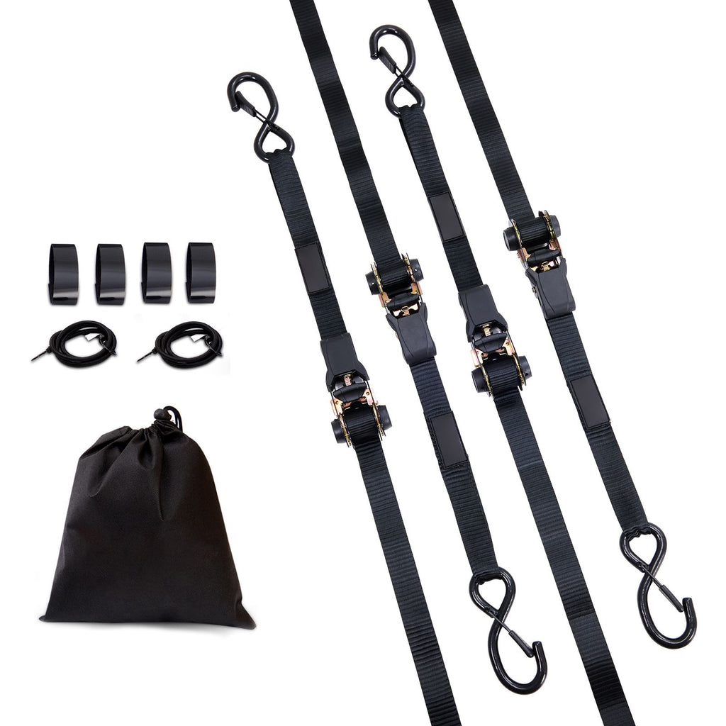 Ratchet Tie Down Straps (4PK), 2200 lb Max Break Strength, Includes 4 Premium 1" x 15' Rachet Tie Downs with Padded Handles, for Moving Securing Cargo, Appliances, Lawn Equipment, Motorcycle