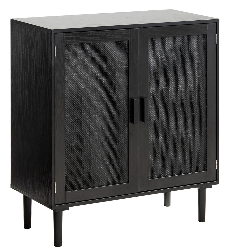 Rattan Cabinet, Rattan Storage Cabinet with 2 Magnetic Doors and Adjustable Shelves, Accent Sideboard Buffet with Wooden Legs & Power Cord Hole for Hallway, Entryway, Living Room, Kitchen, Black