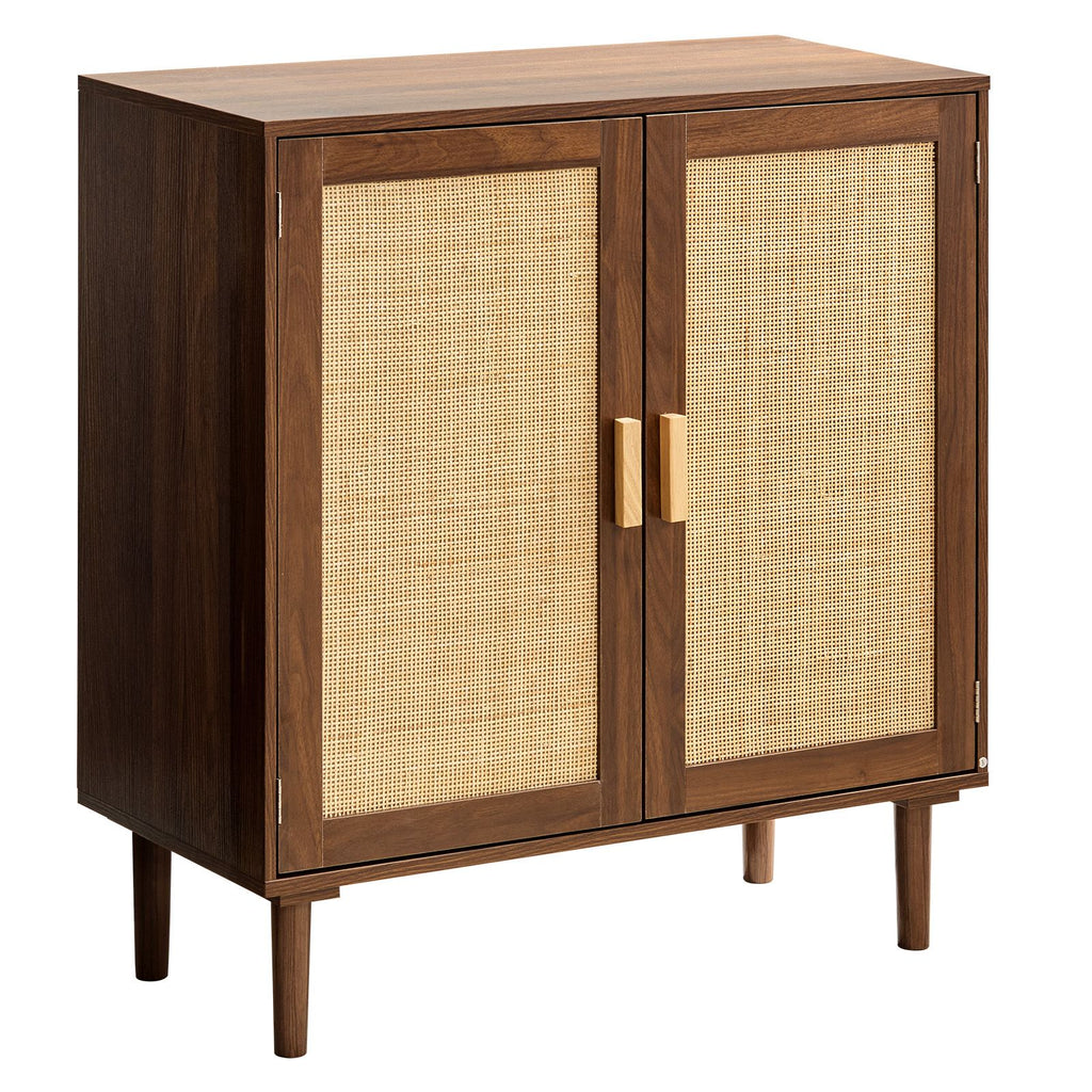 Rattan Cabinet, Rattan Storage Cabinet with 2 Magnetic Doors and Adjustable Shelves, Accent Sideboard Buffet with Wooden Legs & Power Cord Hole for Hallway, Entryway, Living Room, Kitchen, Khaki