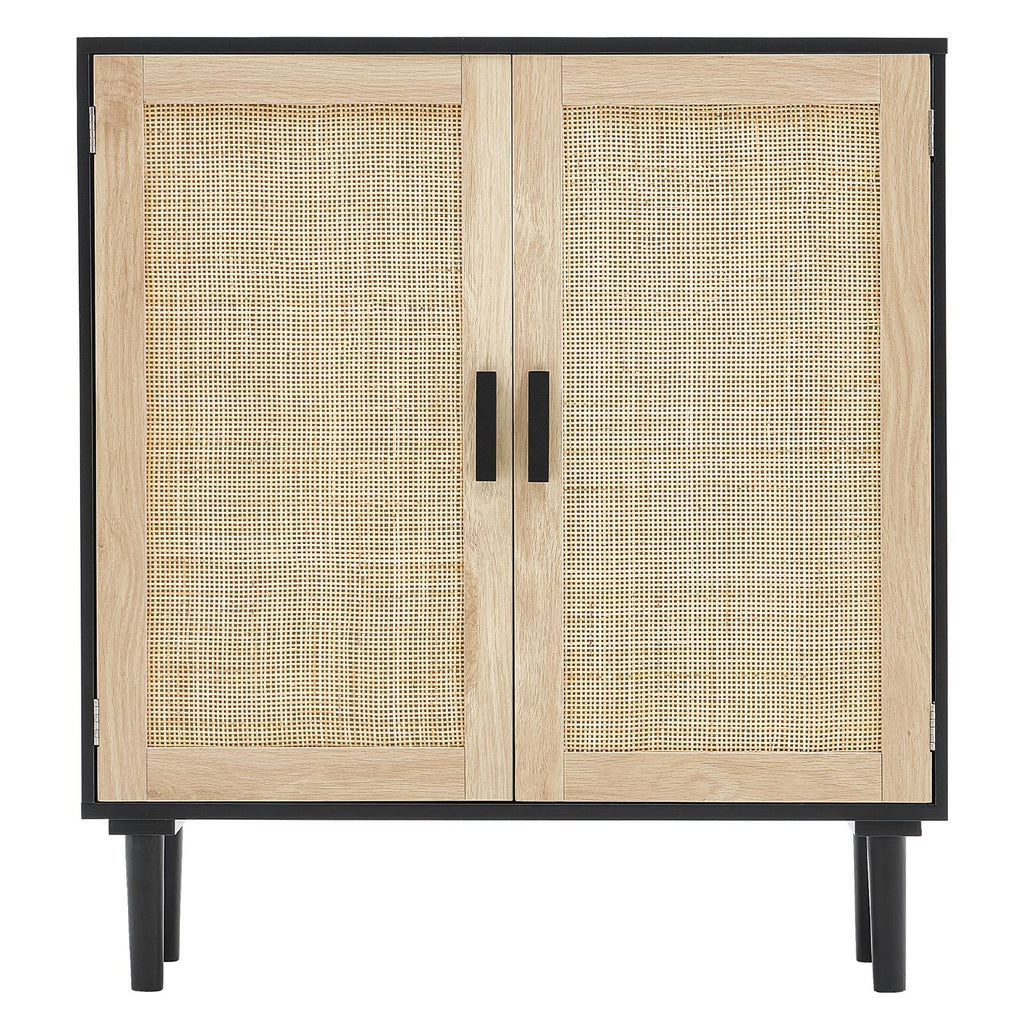 Rattan Cabinet, Rattan Storage Cabinet with 2 Magnetic Doors and Adjustable Shelves, Sideboard Buffet Cabinet for Hallway, Entryway, Living Room, or Kitchen, Black