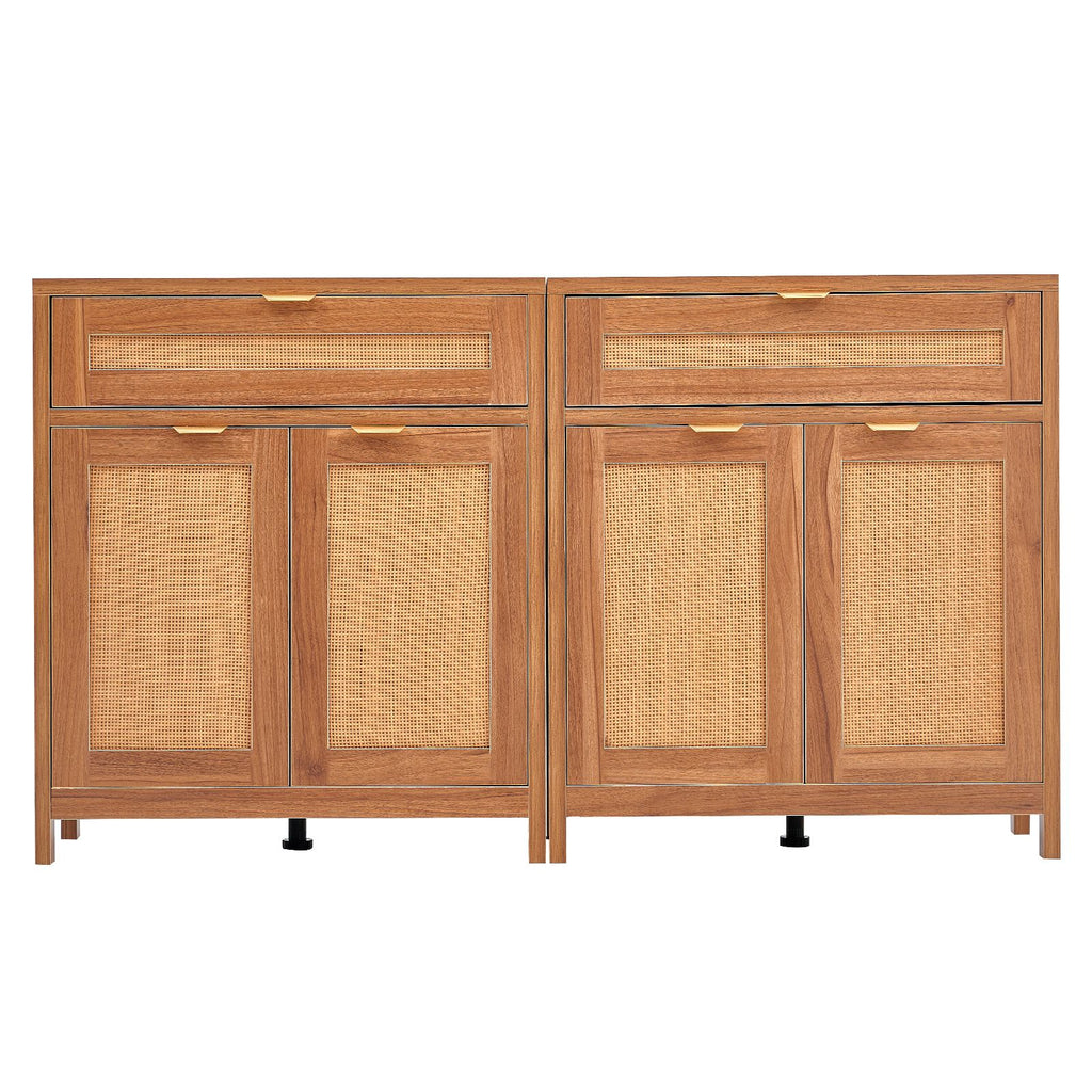 Rattan Cabinet, Set of 2, Rattan Storage Cabinet with 4 Magnetic Doors and 2 Drawers, Sideboard Buffet Cabinet with Adjustable Shelves, for Hallway, Entryway, Living Room, or Kitchen, Natural