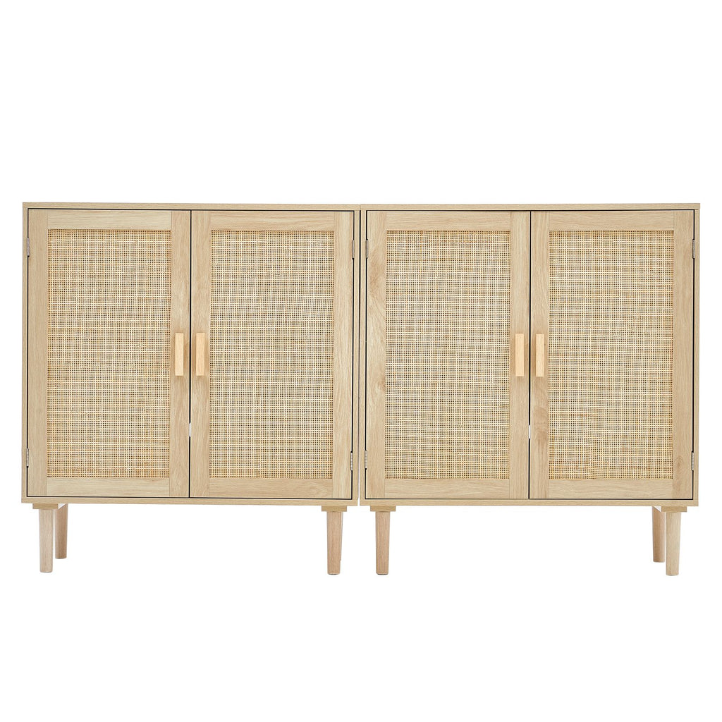Rattan Cabinet, Set of 2, Rattan Storage Cabinet with 4 Magnetic Doors and Adjustable Shelves, Sideboard Buffet Cabinet for Hallway, Entryway, Living Room, or Kitchen, Natural