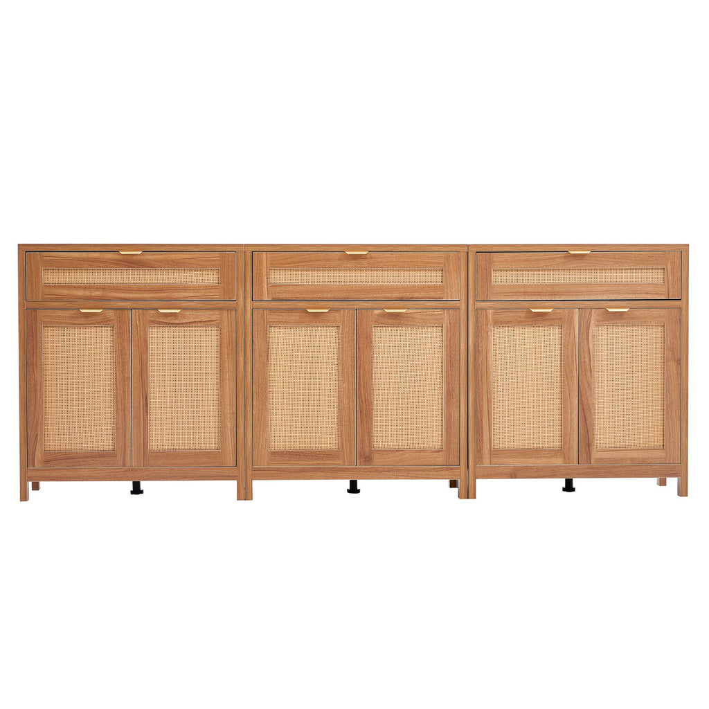 Rattan Cabinet, Set of 3, Rattan Storage Cabinet with 6 Magnetic Doors and 3 Drawers, Sideboard Buffet Cabinet with Adjustable Shelves, for Hallway, Entryway, Living Room, or Kitchen, Natural