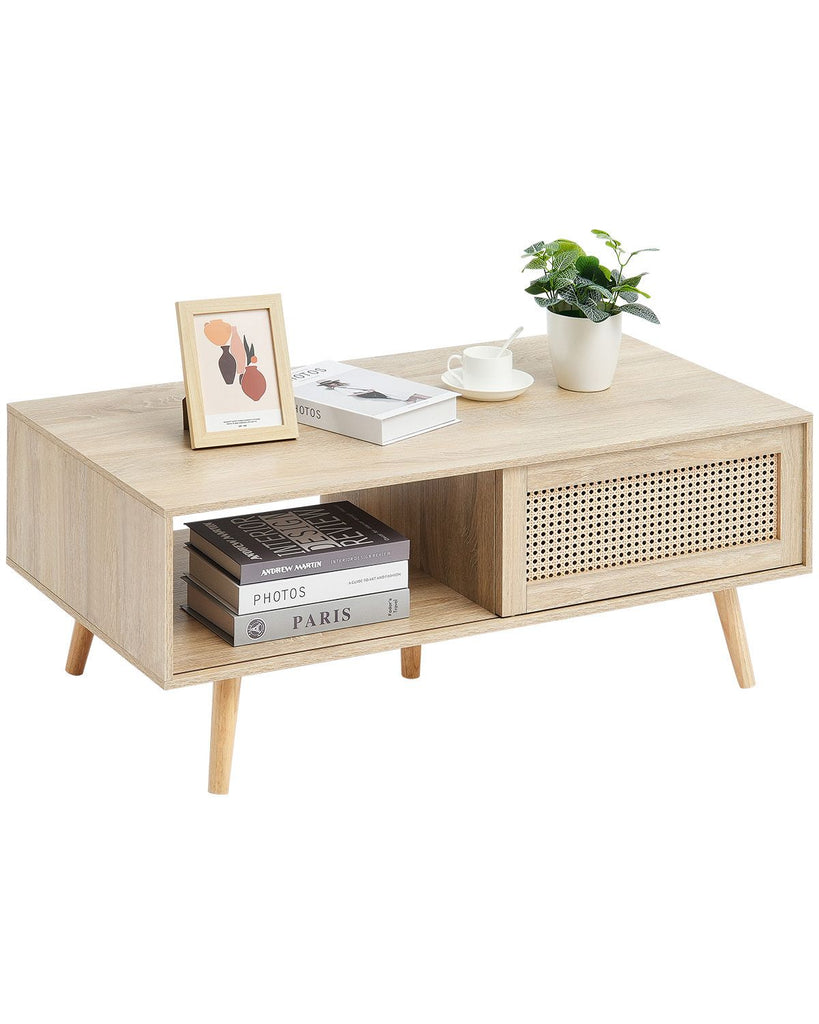 Rattan Coffee Table, Mid Century Modern Coffee Table, Rectangle Wood Coffee Table, 42 Inch Modern Boho Style Two Layers Storage Coffee Table, for Living Room, Bedroom & Small Spaces