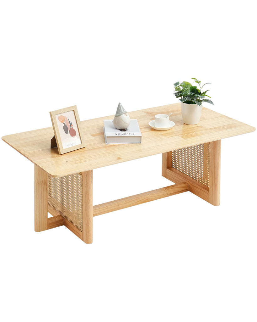 Rattan Coffee Table, Rectangle Rattan Woven Wood Coffee Table with Rubber Wood Top, 47-Inch Modern Boho Storage Coffee Table with Natural Wood Legs, for Living Room, Bedroom & Small Spaces